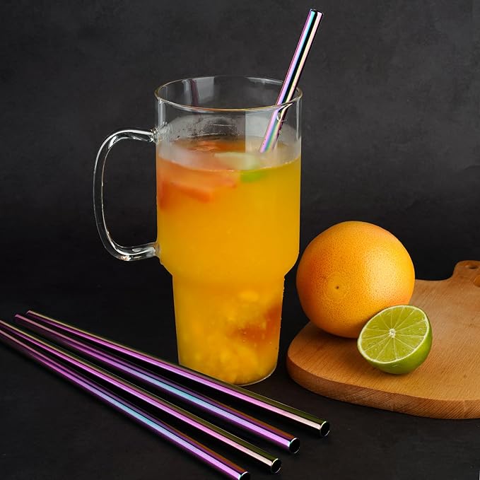 Tomorotec 8PCS Stainless Steel Straws Fit for Stanley Tumbler 40oz, 12" Metal Straws Fit for Stanley Cup with Brush, Reusable Drinking Straws for Smoothies, Dishwasher Safe & BPA-Free (Iridescent)
