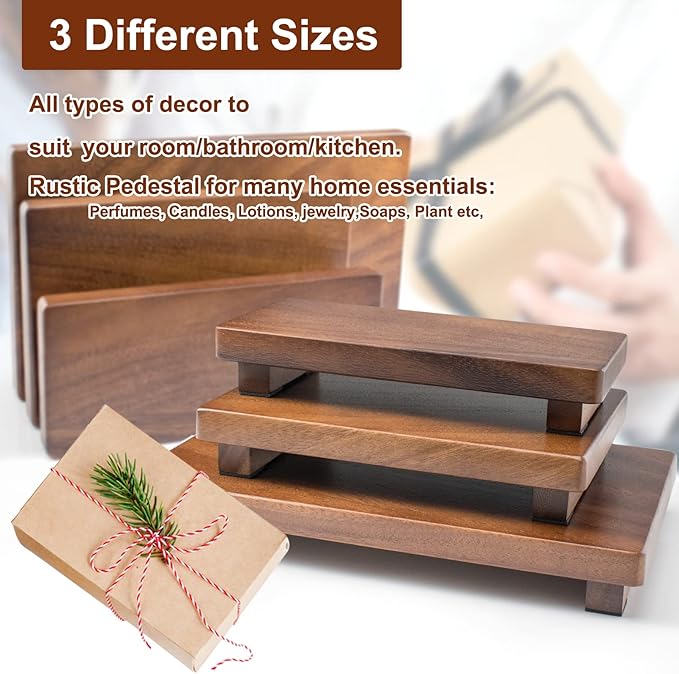 Walnut Wood Pedestal Stand, Wood Riser for Kitchen Counter Farmhouse Decor, Rectangle Wooden Display Tray for Bathroom Home Kitchen (Small, 9 x 3.9 x1.57Inch)