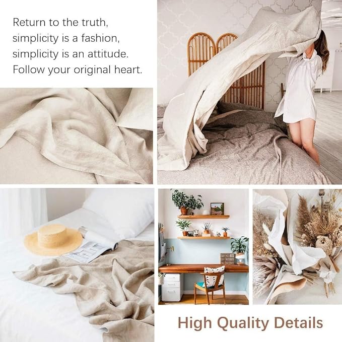 BISELINA Linen Sheet French Flax Flat Sheet Only 55% Euro Flax 45% Cotton Basic Style Solid Color Soft Breathable Farmhouse Top Sheet 1-Piece (Queen, Linen)
