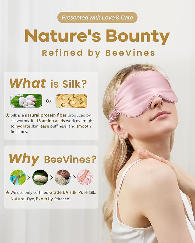BeeVines Pure Silk 3D Contoured Sleep Mask for Women, Luxury 100% 22 Momme Mulberry Silk 3D Contoured Eye Mask for Lash Extensions, Zero Eye Pressure & Blackout(Pink)