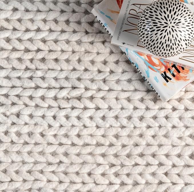FRELISH DECOR Wool Cotton Premium Hand Woven Braided Chunky Cable Rug/Doormat - Contemporary Foot Mat for Living Room Bedroom Entryway 2' x 3' Ivory