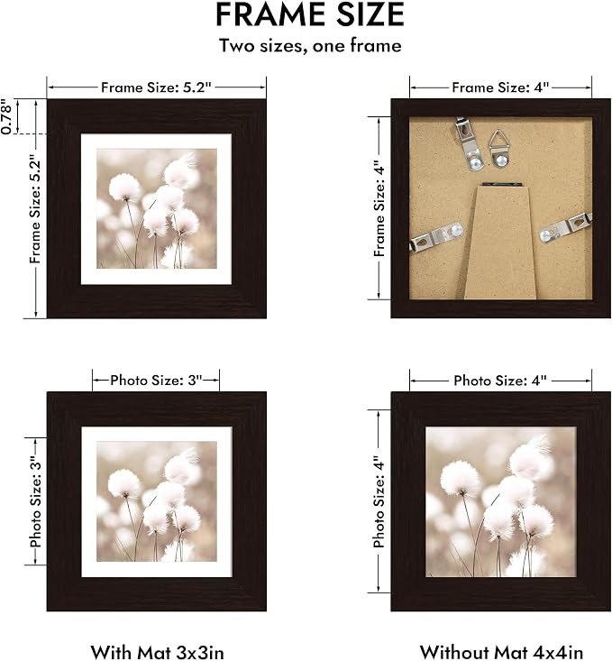 Hongkee 4x4 Oak Wood Picture Frame 1 Pack(Matted 3x3) with Real Glass Cover | Black, 4 x 4 Solid Wood Frame for Wall or Tabletop Display - Includes Easel Back, Vertical Hang - Ideal for Home, Office