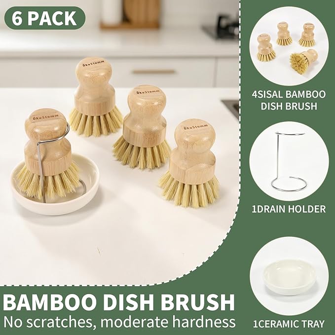 6 PCS Bamboo Dish Brush Set - Natural Scrub Brush for Dish with Tray and Drain Holder, Wooden Dish Scrubber for Kitchen Cleaning Dishes, Pots, Pans and Vegetables (6)