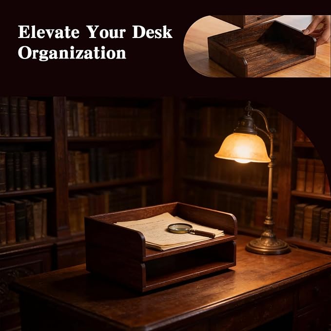 Wooden Desk Organizer, 2-Tier Stackable Wood Inbox Tray for Office, Home & School