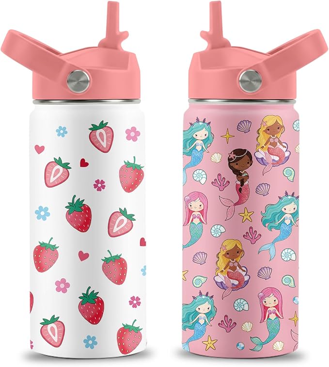 16 oz Water Bottle with Straw Lid, 2 Pack Set, Strawberry Mermaid Gifts for Girls, Stainless Steel Insulated Water Bottles for School Travel Outdoor Sports, Pink Cups Birthday Gifts