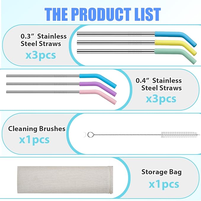 2 Size Stainless Steel Straw with Silicone Tip 6 Pack, 9 inch Reusable Metal Drinking Straws for Cocktail Glasses, 20 30 32oz Tumblers Cups, Smoothies, with Cleaning Brush & Portable Bag