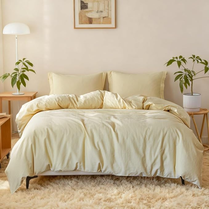 Simple&Opulence French Linen Duvet Cover Set - Full Size(78" x 86")- 3 Pieces (1 Comforter Cover,2 Pillowcases)- Natural Flax Cotton Blend-Solid Color Breathable Farmhouse Bedding-Pale Yellow