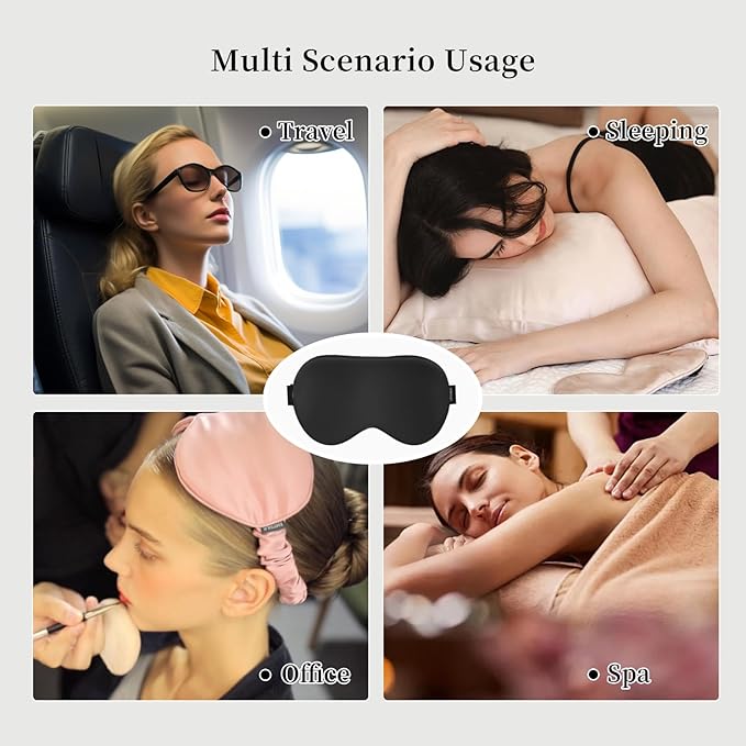THXSILK 100% Pure 19 Momme Mulberry Silk Sleep Eye Mask Super Smooth Cooling Blackout for Women/Man/Kids Eye Cover with Wide Head Strap Good Night Sleep Comfortable Travel and Nap, Black