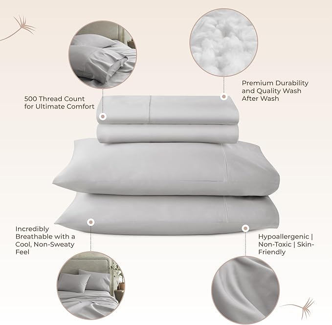 100% Organic Cotton Sheets King Size - GOTS Certified Organic Bed Sheets with Deep Pocket 500 Thread Count and Cozy Sateen Weave Gets Softer with Each Wash - Luxury 4 Piece Set (Gray, King)