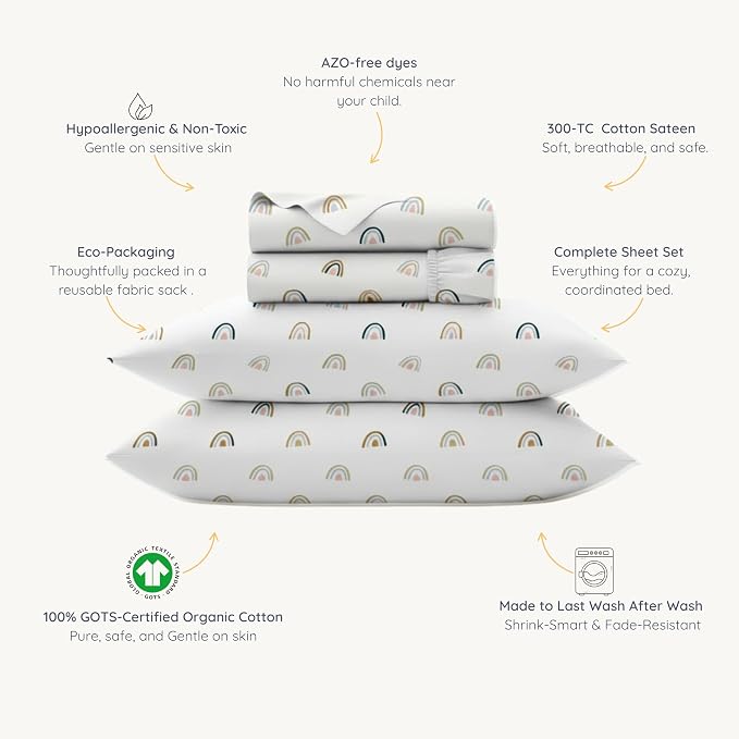 MakeMake Organics Organic Queen Sheet Set (4 Piece) GOTS Certified Organic Cotton Sheets Non Toxic Safe Fitted, Flat Sheet, Pillowcases (Rainbow)