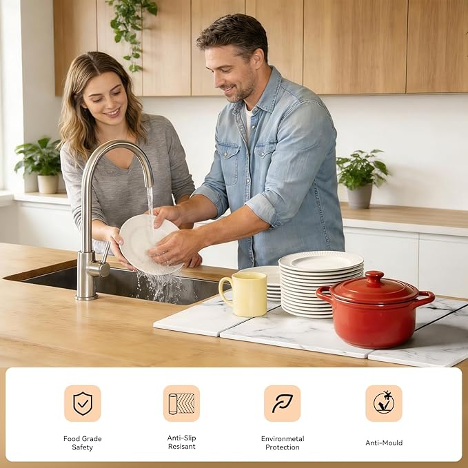 Large Stone Drying Mat for Kitchen Counter, Foldable Quick Dry Dish Drying Mat, 24"x16" Water Absorbent Diatomaceous Earth Mats for Bottles Cups Dishes, Modern Kitchen Essentials (White)