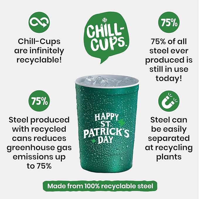 Steel Chill Cups 16 oz. Party Cups 'St. Patrick's Day' Clover Design for Cold Drinks, Durable, Disposable, Recyclable, Made in USA, Green, 12 Count