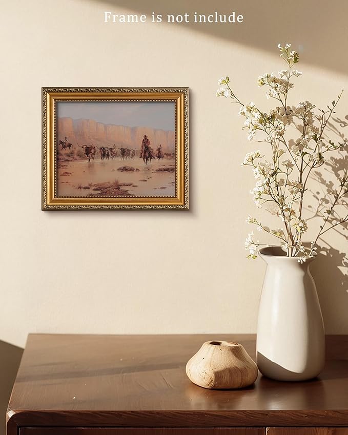 Vodefoad Vintage Cowboy Oil Painting Rustic Western Scenery Cowboy Wall Art Prints Farmhouse Country Life Western Horse Rider Wall Decor for Bar, Garage Man Cave, Home, Southwestern Theme Decorations - 8x10Inch Unframe
