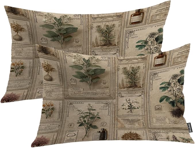 Shrahala Mythical Plants Specimen Labels Linen Throw Pillow Cover, Victorian Herbarium with Earth Tones Lumbar Pillowcase Blended Double-Sided No Inserts for Bedroom Living Room Set of 2 (12 x 20 in)