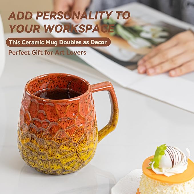18oz Unique Orange & Yellow Kiln-Change Ceramic Coffee Mug, Handcrafted Hammered Texture Ceramic Mug with Ergonomic Handle, Microwave & Dishwasher Safe, Gift for Coffee Lovers, Home Office Daily Use