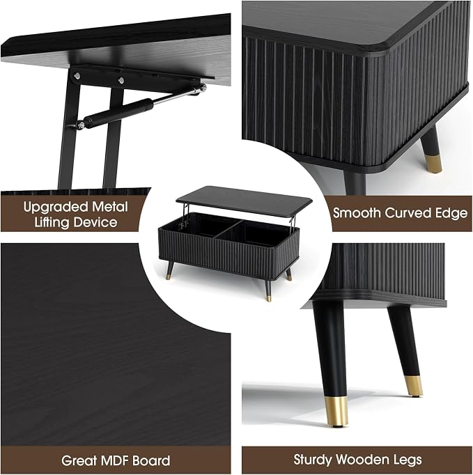 JOINICE Lift Top Coffee Table with Storage, Modern Black Fluted Design, Pop-Up Center Table with Hidden Compartment for Living Room & Home Office Work/Dining