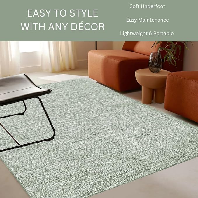 Hand Woven Area Rug 4x6 Feet - Rustic Farmhouse Bohemian Accent Rug for Living Room Bedroom Kitchen Entryway Floor Mats - Ideal for High Traffic Areas 100% Cotton Rag Rug Green