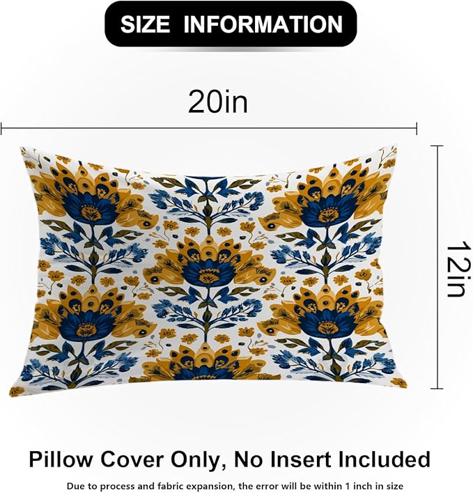 Shrahala Folk Art Floral Motifs Decorative Throw Pillow Cover, Blue Yellow Floral Pattern Lumbar Pillowcase Blended Double-Sided No Inserts for Bedroom Living Room Set of 2 (12 x 20 in)