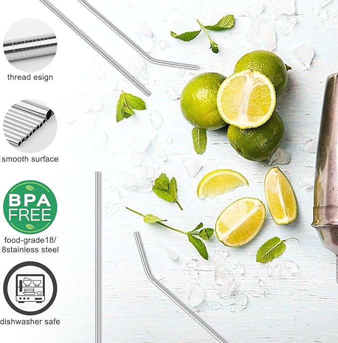 Hypermotion Stainless Steel Straw, Food Grade Reusable Metal Drinking Straw Set with 2 Cleaning Brushes and Carry Pouch for Smoothie, Milkshake, Cocktail and Hot Drinks
