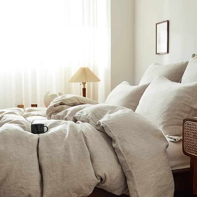Simple&Opulence 100% Linen Duvet Cover Set 2pcs Basic Style Natural French Washed Flax Solid Color Soft Breathable Farmhouse Bedding with Button Closure - Linen, Twin