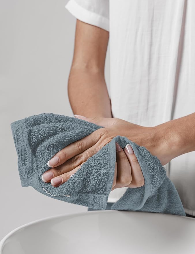 Organic Cotton Towels, 650 GSM Plush Feather Touch Quick Dry Wash Cloths, 12 Pack, GOTS Certified, Light Blue, 13x13 inch