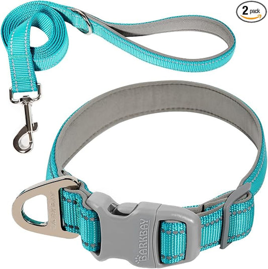 Dog Collar for Medium Small Large Dogs Reflective with Leash,Collar and Leash for Dogs,Soft Neoprene Padded 2 Pack(Ocean Blue,L)