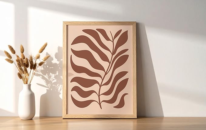 Abstract Organic Leaf Silhouette Wall Art Botanical Shapes Earth Tones Terracotta Mid Century Modern 8x10 Inch Oak Wood Beige Framed Minimalist Print for Bedroom Decor