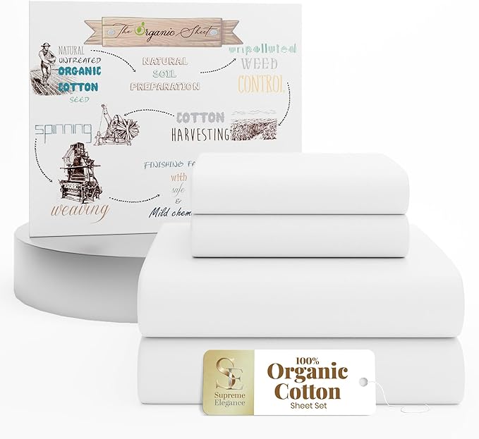 Supreme Elegance 100% Organic Cotton Queen Sheets Set - 4 Pieces Cotton Percale Bed Sheets Set with 16 Inches Deep Pocket Fitted Sheet - Breathable, Cooling & Crisp - Brushed for Softness - Snow White