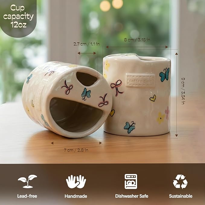 Ceramic Travel Mug with Half Lid, Handmade Butterfly Pottery Mug, Ceramic Coffee Mugs Porcelain Coffee Cup Use for Kitchen Dining Office, White