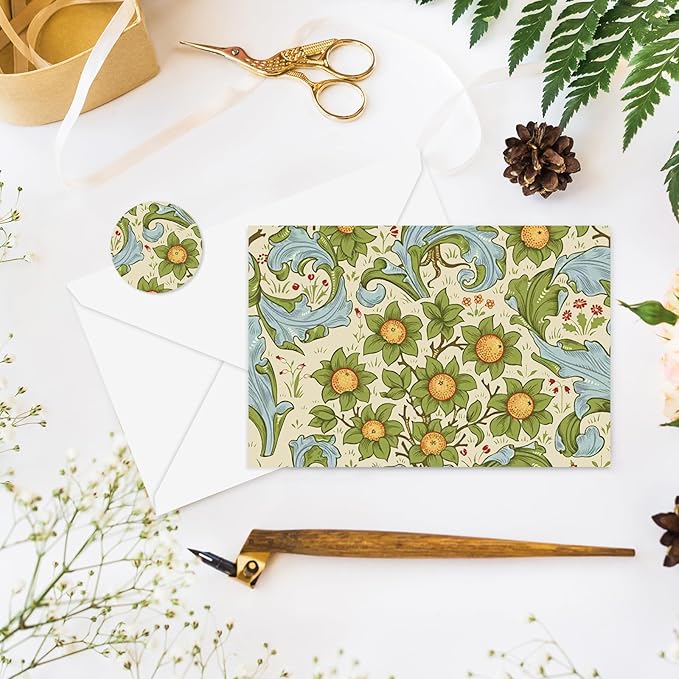 Whaline 40 Packs William Morris Greeting Cards with Envelopes Stickers Vintage Greenery Stationery Card Green Leaves Flower Blank Note Cards for Birthday Baby Shower Party Supplies, 4 x 6 Inch