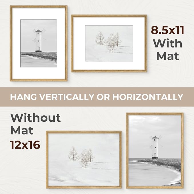 12x16 Picture Frame with Mat for 8.5x11, USA-Sourced Natural Oak Wood Handcrafted Rounded Corner with HD Tempered Glass, 12 x 16 Photo Frames Gallery Wall & Tabletop, Vertical or Horizontal Display