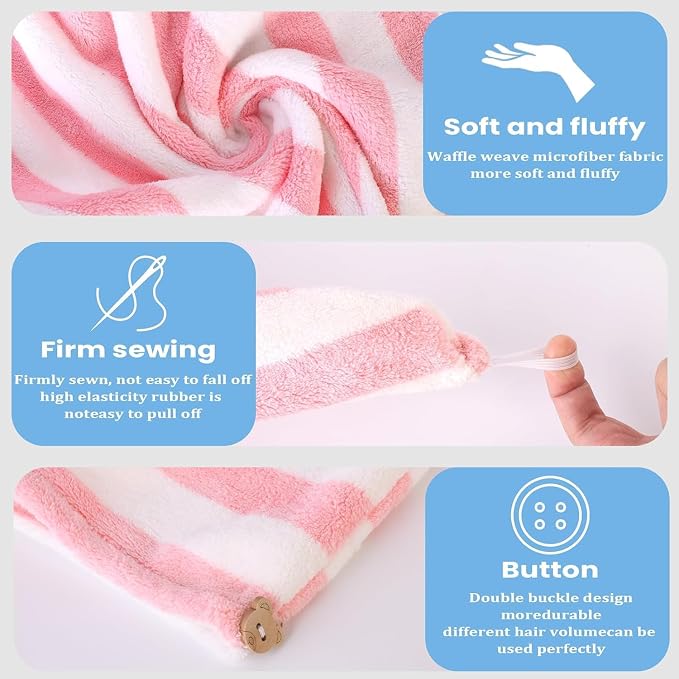 3 Pack Microfiber Hair Towel Wrap for Women, Fast Drying Hair Turban with Button, Anti-Frizz Large Hair Towel for All Hair Styles, Soft & Absorbent Hair Drying Towel