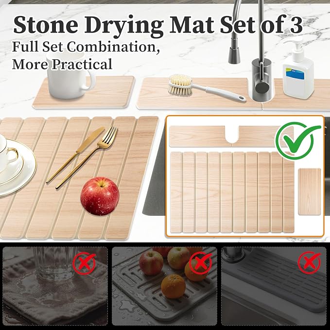 Diatomaceous Stone Drying Mat for Kitchen Counter with Sink Faucet Mat, Wooden Parrten Design Absorbent Quick Dry Dish Drying Mat Set, Diatomite Stone Slat Countertop Pad for Dishes, Cups