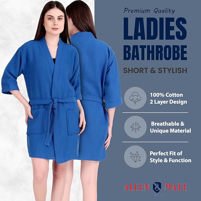 ALLEN & MATE 100% Cotton Women's Short Robe Dual Fabric Waffle Outside & Terry Towel Inside Kimono Bathrobe Medium Weight