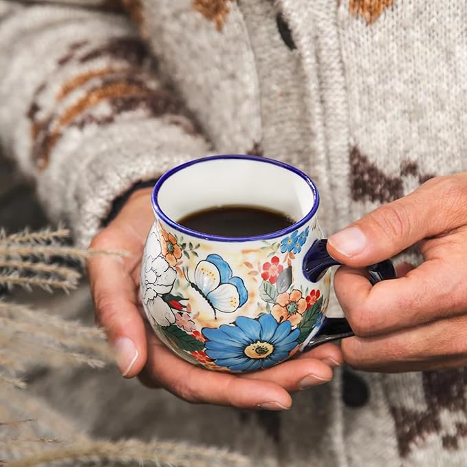 ALMA 12oz Handpainted Ceramic Tea Mugs | Microwave & Dishwasher Safe, Polish Pottery Alternative, Kitchen Cabinet Winter Home Decor, For Home Aesthetic Lovers & Wife
