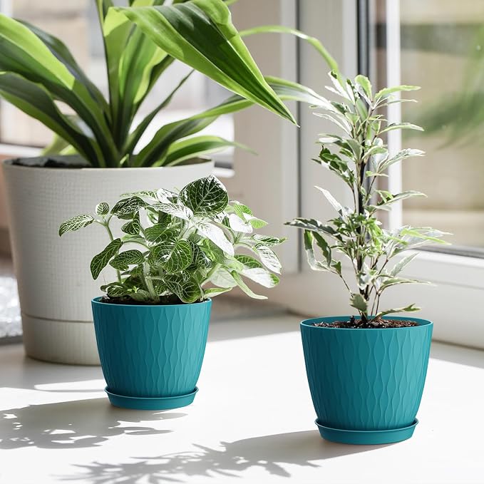 WSMKSZ 6 inch Plant Pots, 5 Pack Flower Pots with Drainage Holes and Saucers for Indoor Plants, Plastic Planters with Water Ripple for Small Garden House Plants, Nursery Pots for Succulent, Blue Green