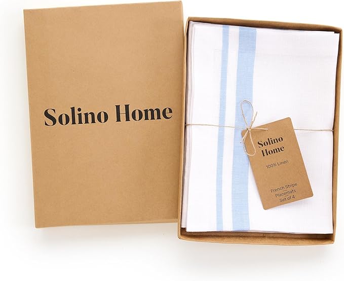 Solino Home Linen Placemats Set of 4 - French Stripe Dusty Blue and White Placemats 14 x 19 Inch - 100% Pure Linen Table Mats for Summer