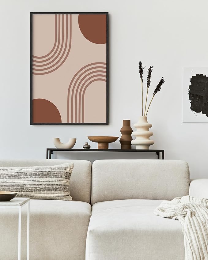 Zen Stacked Stones Wall Art Minimalist Organic Circles Earth Tones Terracotta Mid Century Modern 24x36 Inch Oak Wood Black Framed Meditation Yoga Room Decor Print