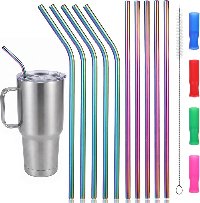 10Pcs Reusable Stainless Steel Metal Straws with 2 Cleaning Brush & 4 Silicone Tips, Long Metal Straws Metal Drinking Straw for 20 oz Tumbler, Tall Wine Bottle (Vibrant)