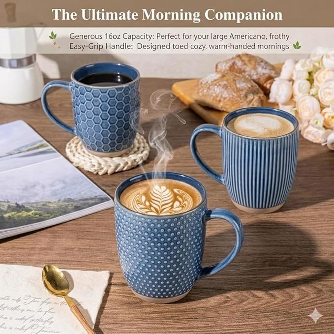GBhome Large Coffee Mugs Set of 4, 16oz Handmade Embossed Coffee Mugs Set with Large Handle for Cappuccino/Latte/Tea/Hot Cocoa, Dishwasher & Microwave Safe, Blue