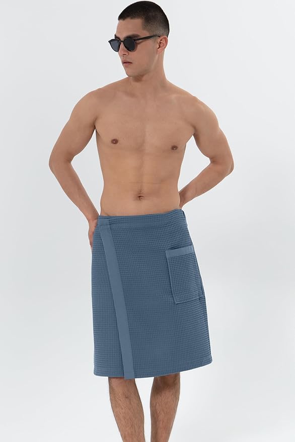 SEYANTE Men's Organic Waffle Spa Wrap – GOTS Certified 100% Turkish Cotton, Adjustable Closure, Same-Color Piping