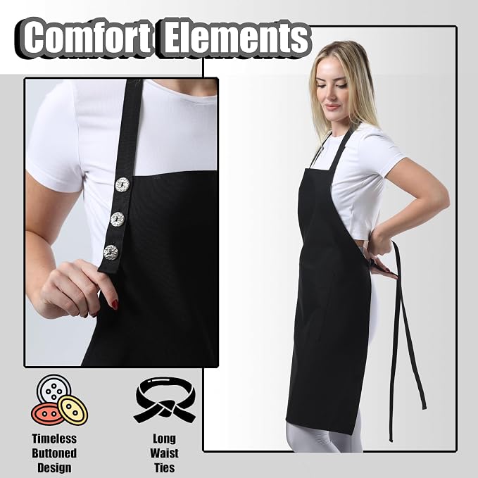 TOSHE Kitchen Apron Waterdrop Resistant Cotton Apron with adjustable Aprons for Women with Pockets 10 Color option Cooking Black Apron (Black)