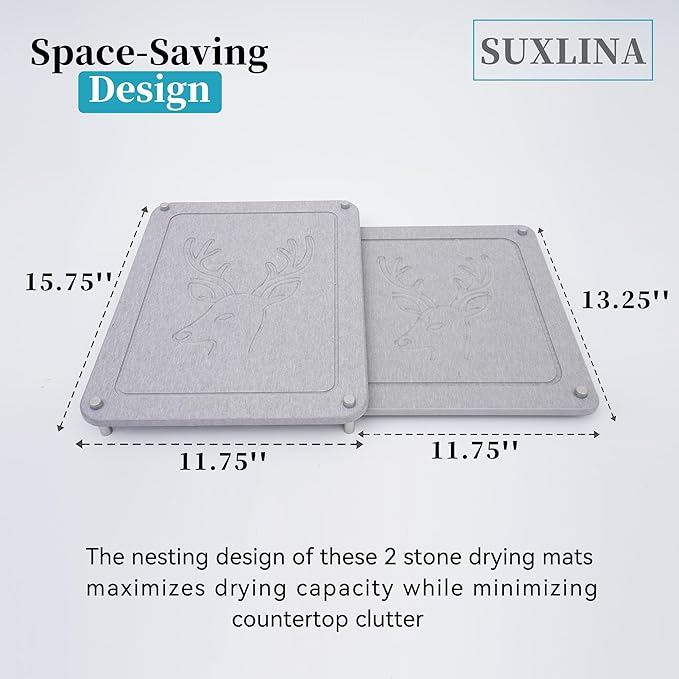 2Pcs Nesting Stone Dish Drying Mat - Diatomaceous Earth Fast Dry Kitchen Counter Mat, Non-Slip Heat-Resistant Drying Stone For Kitchen/Bathroom/Outdoor/Pet Bowls - Light Gray