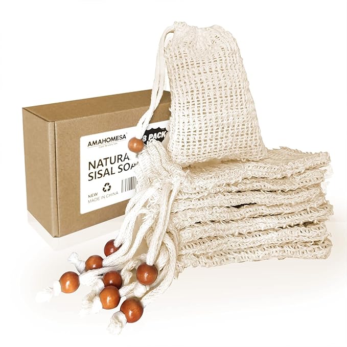 8 Pack Soap Bag Natural Sisal Soap Saver Bag Pouch Mesh Waste Exfoliating Foaming and Drying Soap Holder for Shower