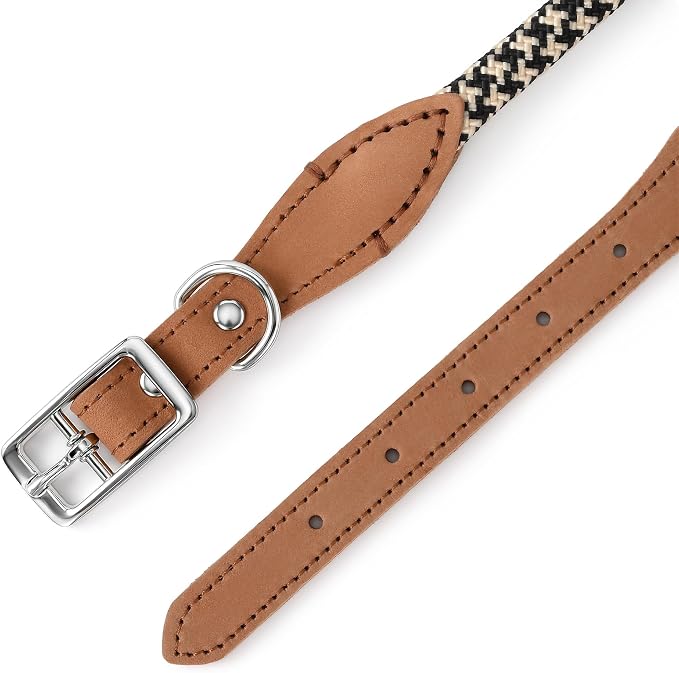 Mile High Life Genuine Leather Dog Collar, Durable Braided Cotton Rope Collar with Metal Pin Buckle for Small Medium Large Dogs (Black Khaki, S Neck 11"-15")