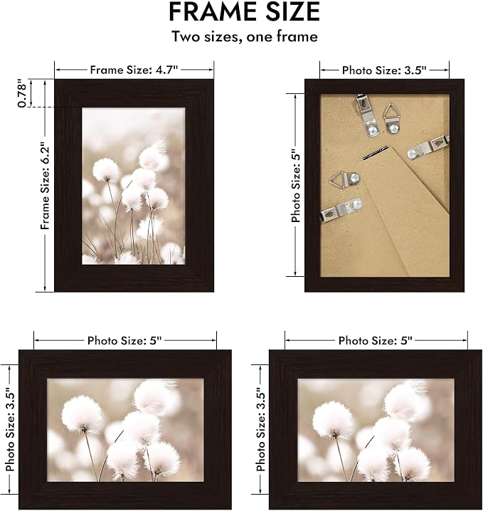 Hongkee 3.5x5 Oak Wood Picture Frame (1 Pack, Black) with Real Glass Cover | Solid Wood 3.5 x 5 Small Frame for Wall or Tabletop Display - Includes Easel Back, Vertical Hang - Ideal for Home, Office