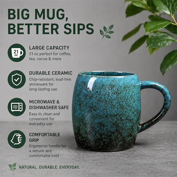 21oz Large Handmade ceramic Mug, Big Ceramic Tea Cup, Durable and Heavy Microwave and Dishwasher Safe Pottery Coffee Mug with Handle, Reactive Glaze Stoneware Clay coffee mug (Blue Reative Glaze)