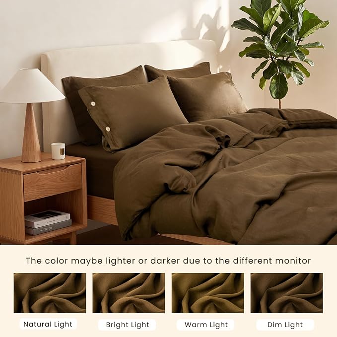 S VICTORY SYMBOL 100% Organic Linen Duvet Cover Set 3pcs Queen Size,Natural French Washed Flax Bedding (1 Duvet Cover and 2 Pillowcases) with Coconut Button Closure,Pinecone Brown