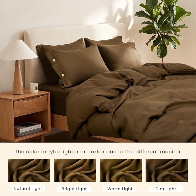 S VICTORY SYMBOL 100% Organic Linen Duvet Cover Set 3Pcs King Size,Natural French Washed Flax Bedding (1 Comforter Cover and 2 Pillowcases) with Coconut Button Closure,Pinecone Brown