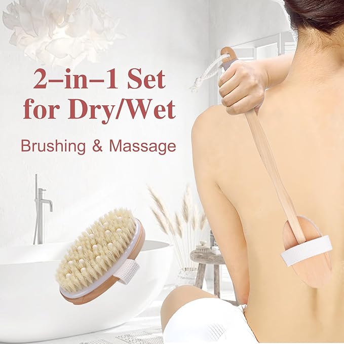 Dry Brushing Body Brush - Natural Bristle Dry Brush Set with 2 Detachable Heads, Wooden Long Handle Dry Body Brush for Lymphatic Drainage, Exfoliating and Cellulite Treatment